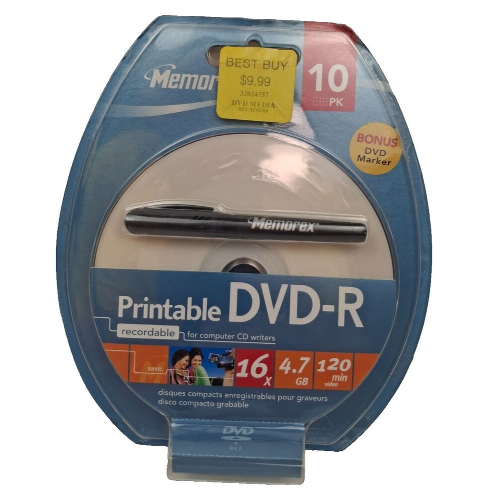 Memorex 10 Pack Printable DVD+R Recordable 16x 4.7GB 120 Minutes with DVD Marker